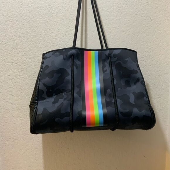 Blue Camo Pink/Yellow/Blue Stripe Neoprene Tote Bag - Picture 1 of 9